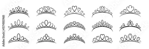 Set of Fifteen Line Art Crown Tiara Silhouettes on White Background for Decor Element