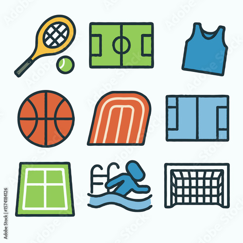 Sports Icons Featuring Courts, Equipments, and Diverse Athletic Activities