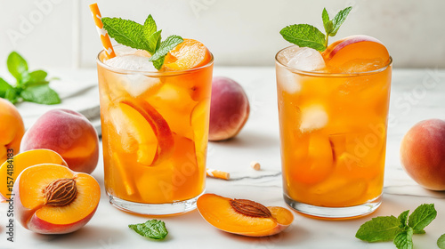 Ice peach tea or cocktail with mint and apricots, a recipe for a refreshing summer drink. Two glasses with peach fruit lemonade on light table, detox diet and weight loss concept, menu for restaurant 