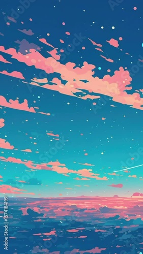 Beautiful sunset over the ocean with vibrant pink and blue hues in the sky. Loop animation