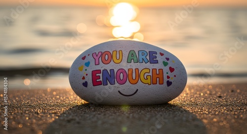 Inspirational message you are enough painted on a stone at the beach during sunset