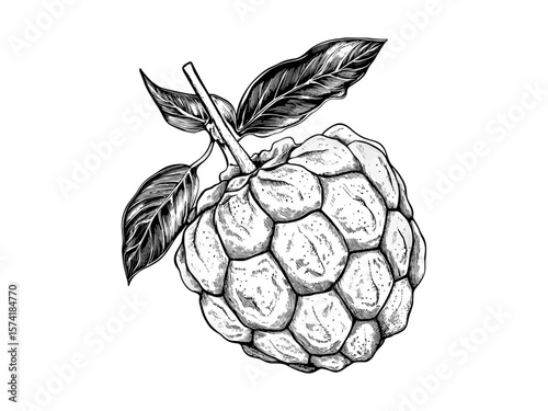 Botanical print of custard apple segment, engraved tropical fruit illustration, vintage style ink drawing, rustic kitchen decor, antique exotic fruit poster, black line art,
