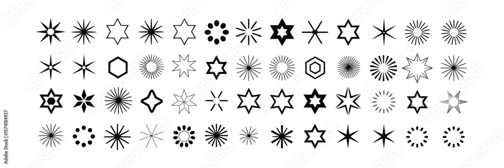 Obraz premium Star Icons Collection, Black Silhouette, Geometric Shapes, Decoration, Transparent
