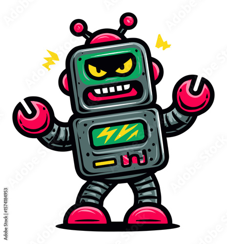 Cartoon Robot Character with Angry Expression and Retro Design Details