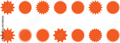 Set of circles with zigzag edges, Sunburst sticker shapes, spiky oval, Rounded starburst zigzag badge, circle and star shapes, price tag, discount and sale label stickers, Star or sunburst icons.
