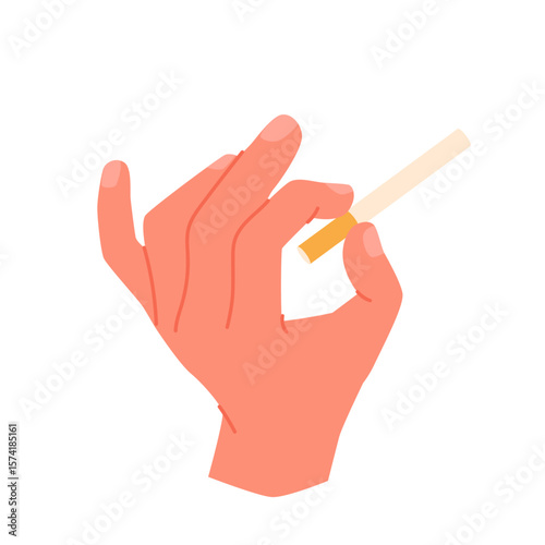 Hand of smoker holding cigarette to smoke. Fingers of male character hold lit cigarette with ash on end, smoking gesture of man with toxic nicotine addiction and bad habit cartoon