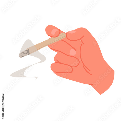 Hand of smoker holding cigarette to smoke. Fingers of male character hold lit cigarette with ash on end, smoking gesture of man with toxic nicotine addiction and bad habit