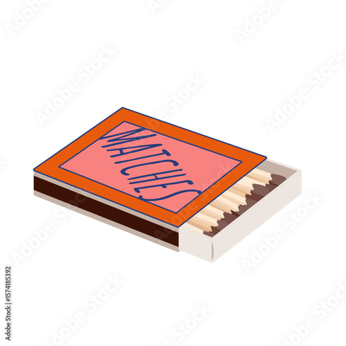 Box full of wooden match sticks, closed container with Matches text, fire on matchstick