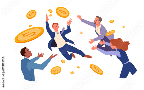 Business people chasing financial success and money, corporate competition for big salary. Young employees fly and catch gold coins, trying grab to profit cash and wealth cartoon vector