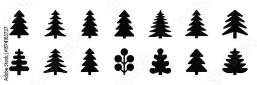 Tree Icon Set Collection of Black Silhouette Evergreen and Berry Branch Trees