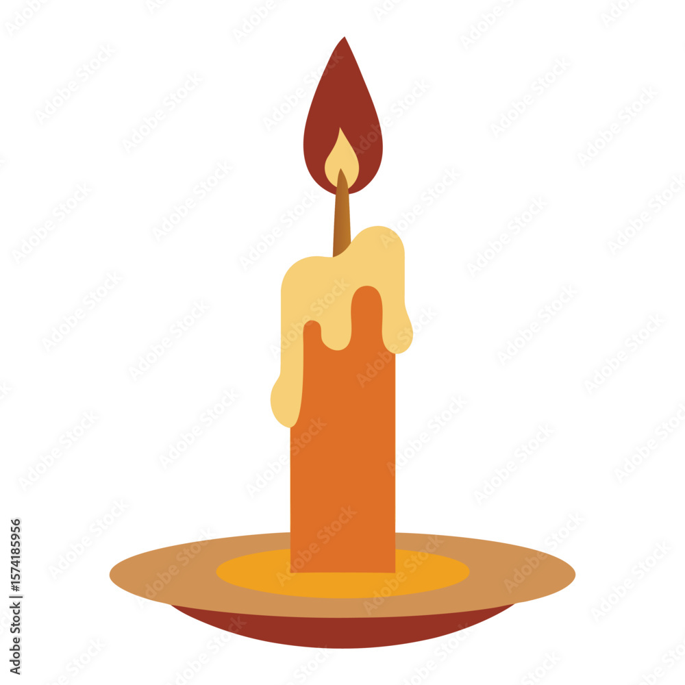 Fototapeta premium Single tall candle with dripping wax on a plate depicted as a clean vector graphic with a minimalist aesthetic