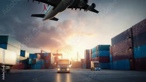 A cargo truck and airplane flying over a container yard, representing the connection between land and air transport in the logistics industry, highlights fleet management and infrastructure