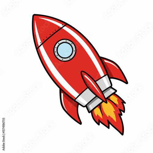 A colorful red rocket ship icon in modern flat style, flying diagonally upward with fire and smoke trail, designed with clean shapes, bold black outlines, and bright colors.