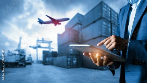 A businessman in a blue suit using a tablet on a transportation background, symbolizing innovation in logistics and fleet management, focus on the digital future of the industry
