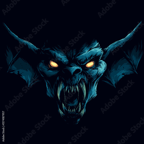 Scary Evil Bat Face Vector Logo, Illustration. Horror Concept.