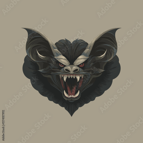 Scary Evil Bat Face Vector Logo, Illustration. Horror Concept.