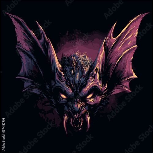 Scary Evil Bat Face Vector Logo, Illustration. Horror Concept.