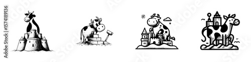 Unique silhouette pictograms depicting cows and castles with a playful design for various applications and projects