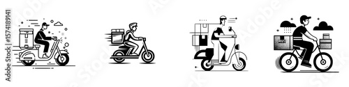 Silhouette pictogram icons depicting delivery and courier activities in various transportation modes