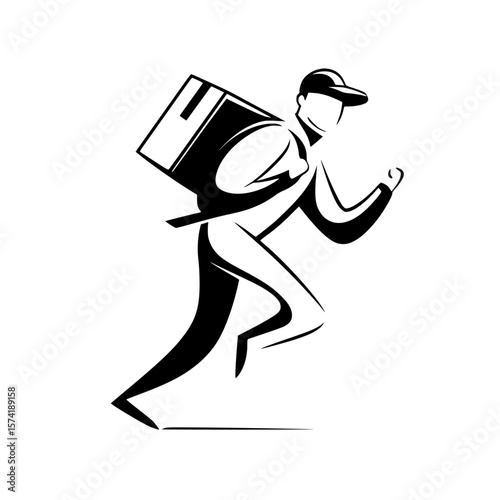 Dynamic delivery person in silhouette running with a package, showcasing movement and efficiency during daytime activities