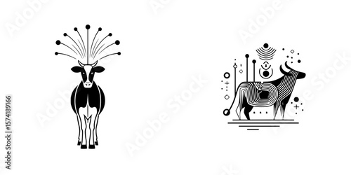 Vector art of two stylized cow silhouettes featuring unique designs and patterns in a minimalist style