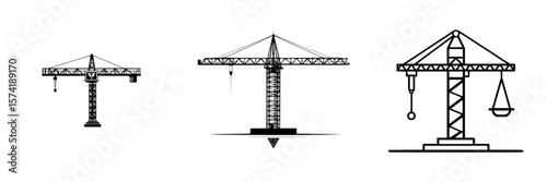 Silhouetted pictograms of construction cranes in various positions showcasing building activities and site operations