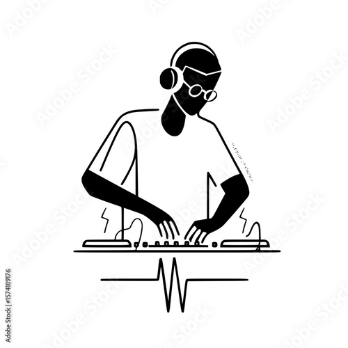 Silhouette pictogram of a DJ performing with turntables and headphones in a music setting
