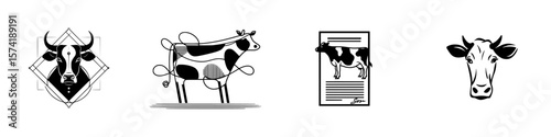 Silhouette pictogram icons illustrating various cow designs and representations for educational or decorative use
