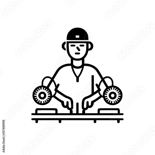 Silhouette pictogram of a person working with two turning machines in a workshop environment