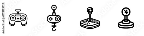 Vector icons set featuring silhouettes of various gaming controllers and joysticks for digital design projects
