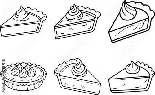 Set of Pumpkin Pie Slice Line Art Illustrations with Cream Topping