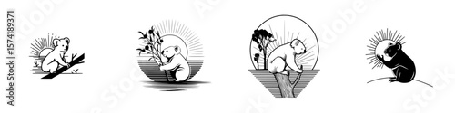 Silhouette pictograms of koala bears in various natural settings showcasing their behaviors and interactions during daytime