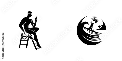 Silhouette pictograms of lifeguard on duty and surfer riding a wave create an engaging representation of beach safety and fun