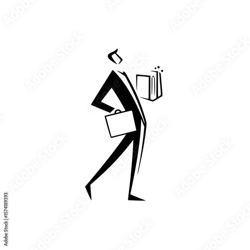 Silhouette pictogram of a professional man walking with a briefcase and a book in hand, representing business and knowledge
