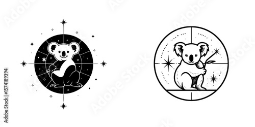Silhouette pictogram collection featuring playful koala designs with cosmic elements and intricate details