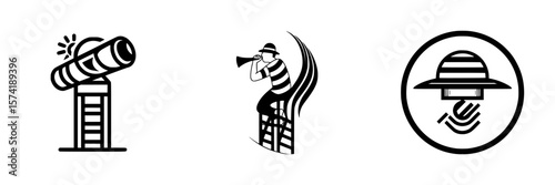 Silhouette pictogram icons representing various activities and objects related to observation, communication, and security