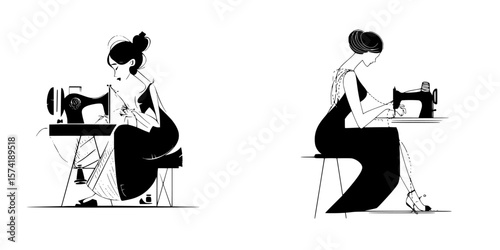 Silhouette pictograms illustrating women sewing with sewing machines in a minimalist style