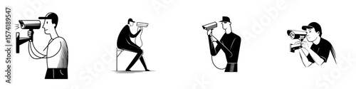 Silhouette pictograms showcasing various individuals operating surveillance cameras in different poses and environments