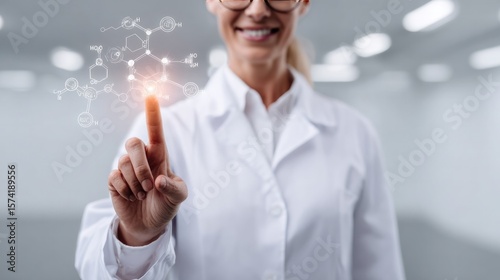 Scientist and molecular Model: A smiling scientist, immersed in her research, touches a holographic molecular model, indicating the integration of science and technology. Showcasing innovation.