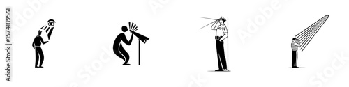 Silhouette pictogram icons showing various characters engaging in activities of observation and surveying from different perspectives