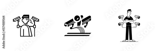 Vector icons set depicting surveillance, security, and monitoring activities in various settings