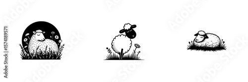 Silhouette pictogram set of sheep in various poses and environments highlighting pastoral themes and farm life illustrations