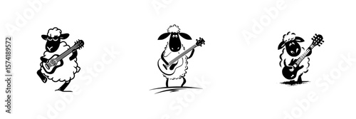 Silhouette pictogram of sheep playing guitar in various poses showcasing musical talent and creativity