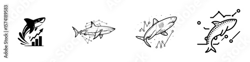 Collection of silhouette pictograms depicting sharks in various stylized forms representing growth and data visualization
