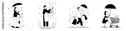 Silhouette pictograms depicting shopping and daily activities in the rain with umbrellas and bags
