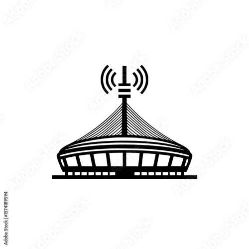 Silhouette pictogram of a modern stadium structure featuring a communication tower and wireless signal icon design