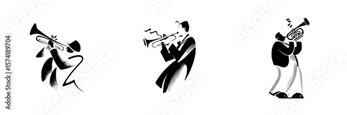 Vibrant silhouette pictograms of musicians playing brass instruments against a clean background