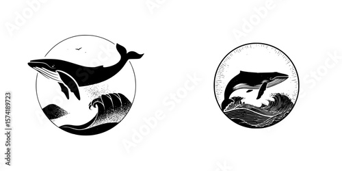 Silhouette pictograms of whales breaching waves, representing marine life and ocean activities in a minimalist style