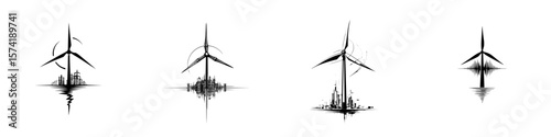 Silhouette pictograms showcasing wind turbines integrated with urban landscapes and soundwave designs for modern environmental concepts