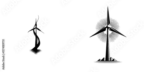 Silhouette pictograms of a graceful figure and a wind turbine showcasing renewable energy concepts